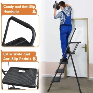 HBTower 4 Step Ladder with Handrails and Tool Bag, Folding Step Stool with Attachable  Anti-Slip Wide Pedal, Black