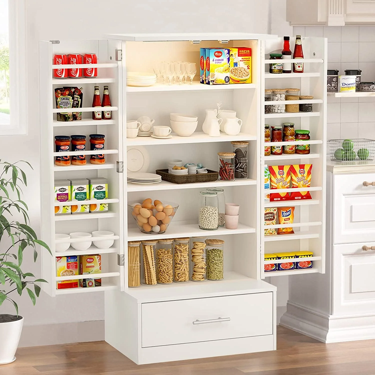 Alohappy 47'' Pantry Cabinet, Kitchen Storage Cabinet with Drawers and Led Light, Adjustable Shelves for Kitchen, Dinning Room - White