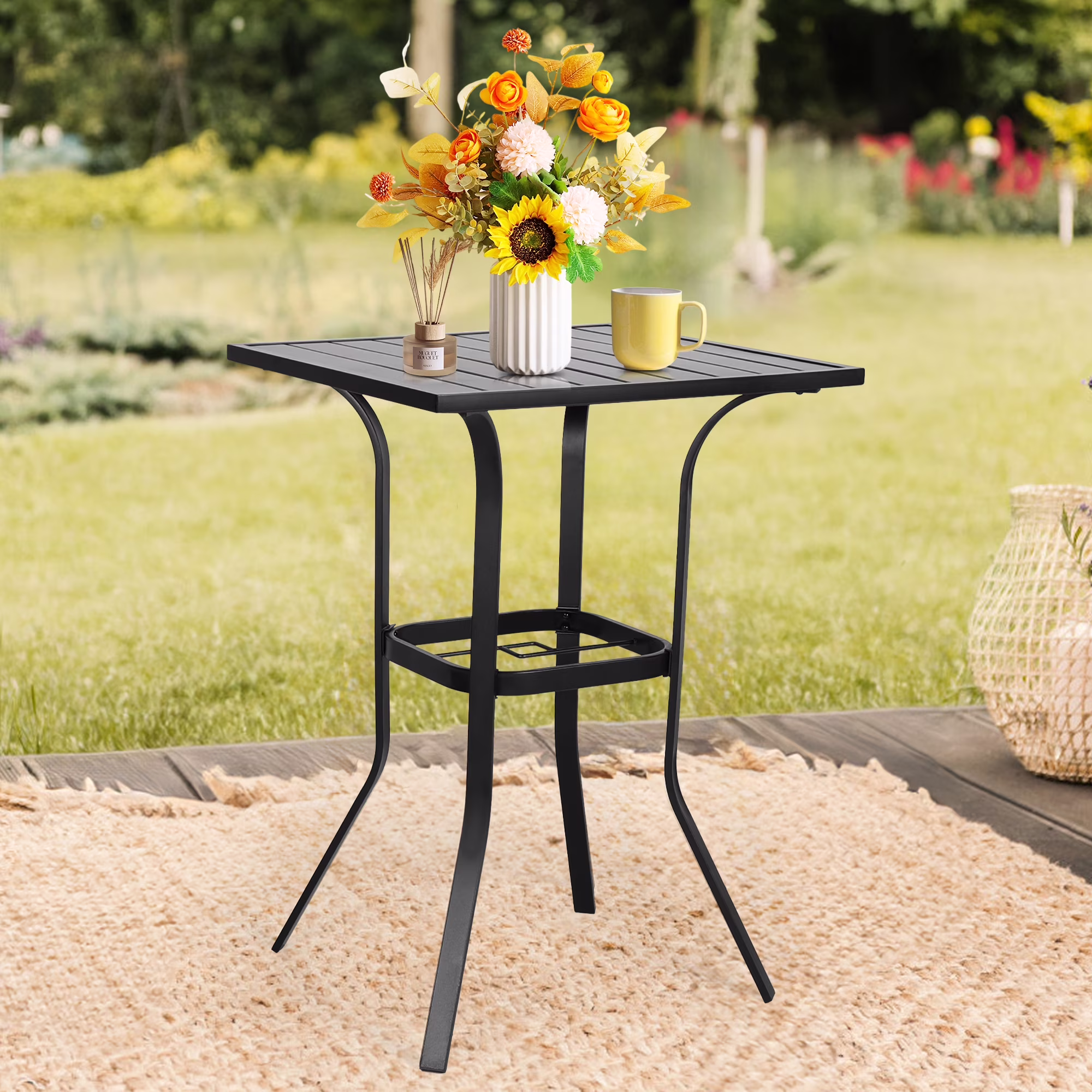 SOLAURA Outdoor Patio Bar Height Table Metal Bistro Table with Umbrella Hole, Black