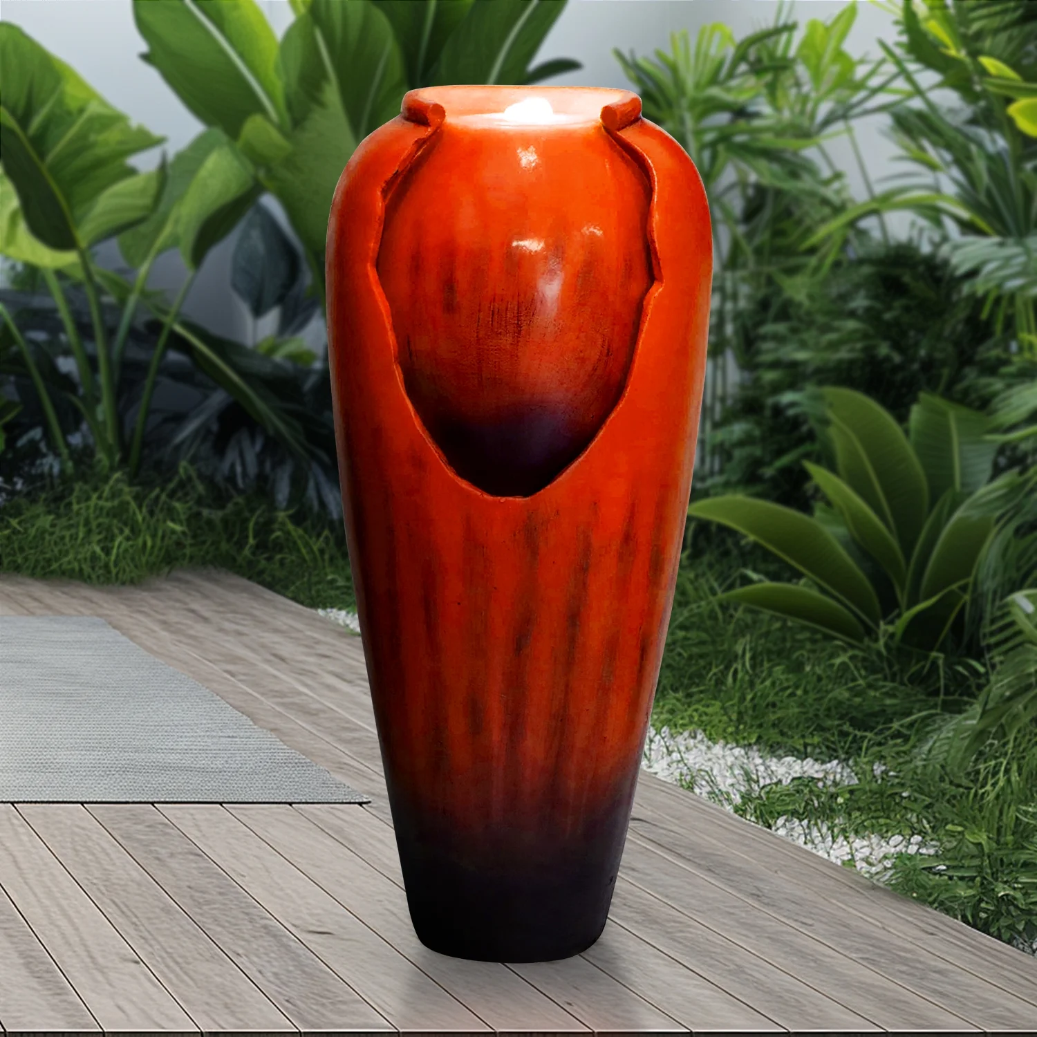 ourrco 30.7"H Concrete Vase Water Fountain, Modern Cascading Waterfall Feature with LED Lighting and Pump, Perfect for Indoor or Outdoor Home and Garden Decor, Red