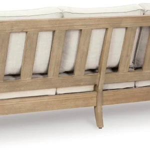 Signature Design by Ashley Clare View Coastal Outdoor Patio Eucalyptus Sofa with Cushions, Beige