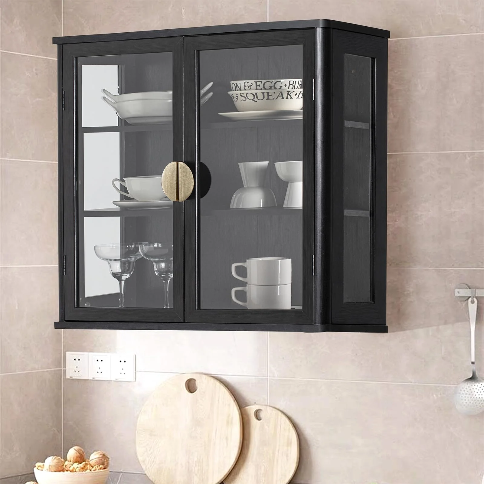POLIHOME Display Wall Cabinet with Tempered Glass Doors-Storage Cabinet with Adjustable Shelves