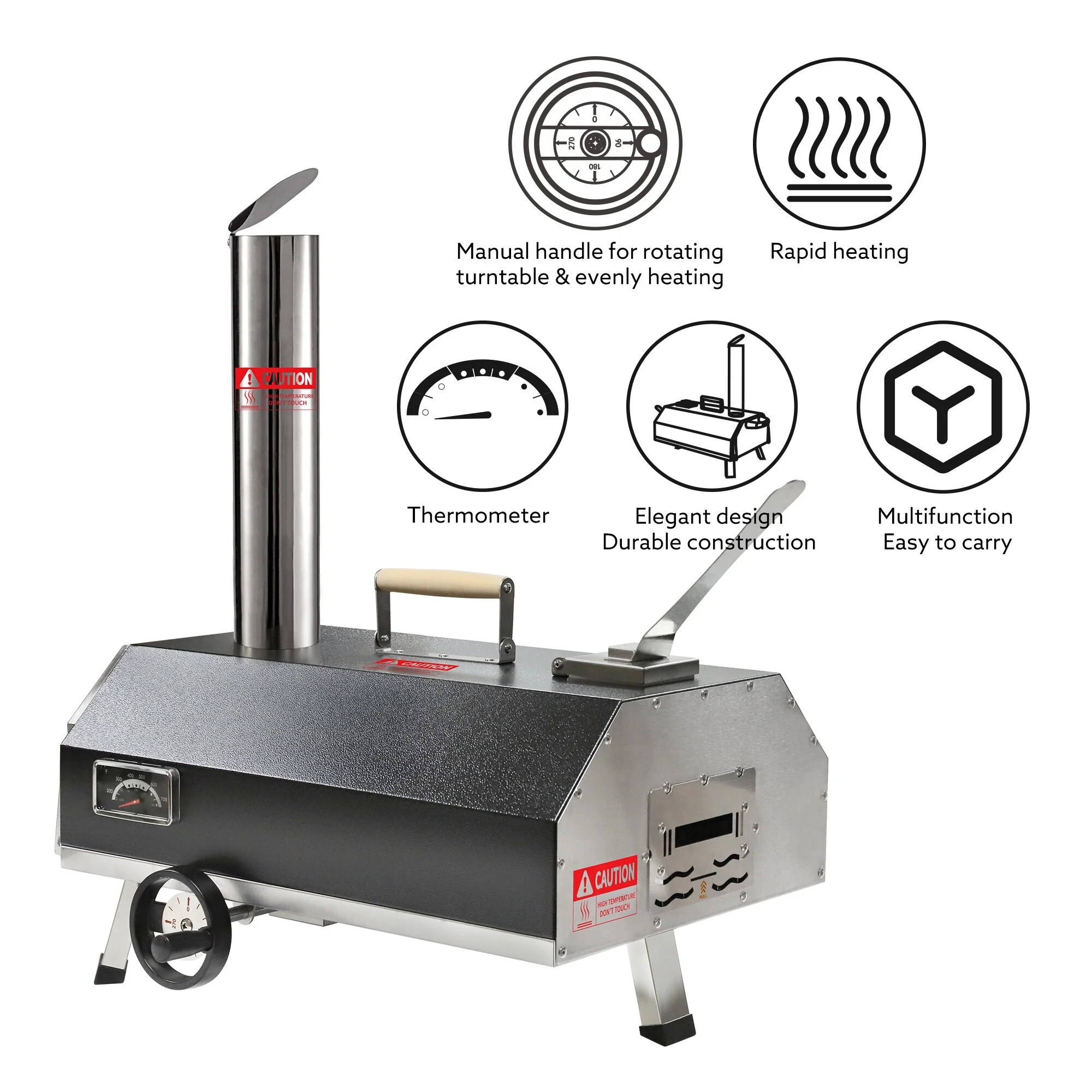 BBQ Utensils Silver Pizza Oven Outdoor 12" Semi-Automatic Rotatable Pizza Ovens Portable Stainless Steel Wood Fired Pizza Oven Pizza Maker with Built-in Thermometer Pizza Cutter Carry Bag,Outdoor Gri