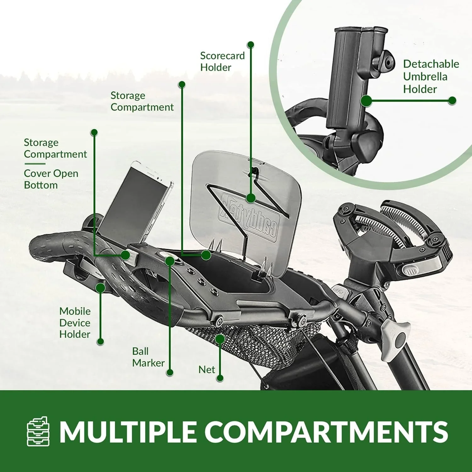 3Wheel Golf Push Cart - Golf Trolley Foldable Collapsible Lightweight Pushcart with Foot Brake - Easy to Open & Close