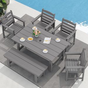 SERWALL 7-Piece Patio Table Set, Outdoor HDPE Dining Furniture with Umbrella Hole, All Weather Table and Chairs for Lawn, Garden, Poolside, Aruba