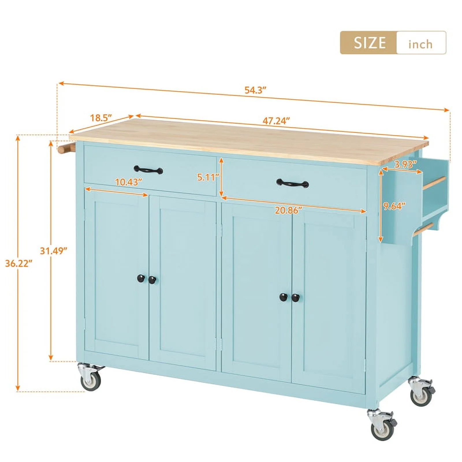 Kitchen Storage Islands&Carts with Solid Wood Top and Locking Wheels, Kitchen Island Cart with 4 Door Cabinet and Two Drawers, Kitchen Cabinets for Kitchen and Dining Room, Green
