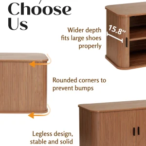 Putuo Decor Fluted Entryway Shoe Storage Bench with Adjustable Shelf, Shoe Rack Bench with Sliding Tambour Door for Living Room, Bedroom, Hallway, Walnut