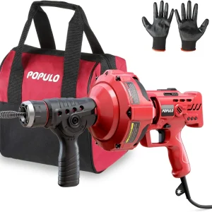 POPULO 20V Cordless Electric Drain Auger-Efficient 25Ft Auto-Feed Drain Snake with Replaceable Cable,2.0Ah Battery,Charger,Storage Bag & Gloves for Kitchen,Bathroom,Shower Pipes (3/4"-2")"