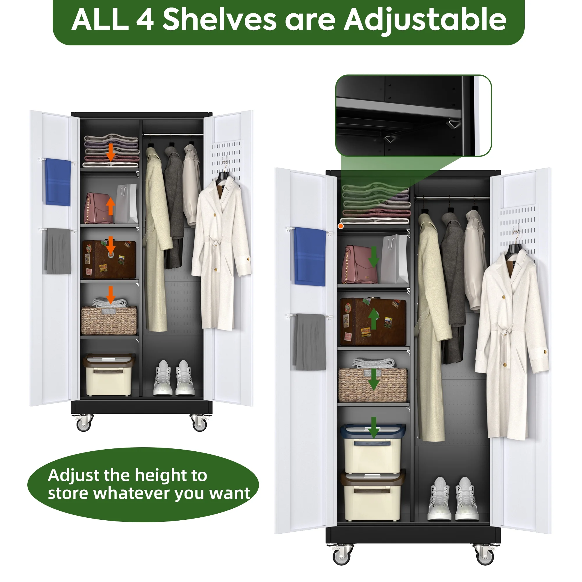 GangMei 71-Inch Metal Lockable Storage Cabinet with Pegboards and 5 adjustable shelves, White, Assembly Required