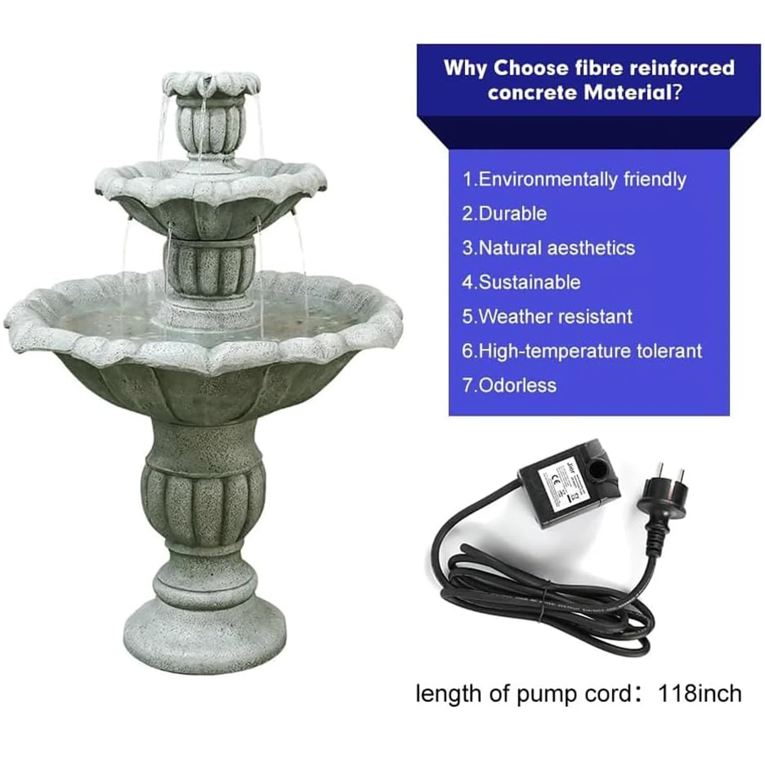 48-?H Outdoor Floor Water Fountain, 3-Tiers Concrete Water Fountain with Submersible Electric Pump - Garden Cascading Waterfall for Yard Patio Lawn Home Decor