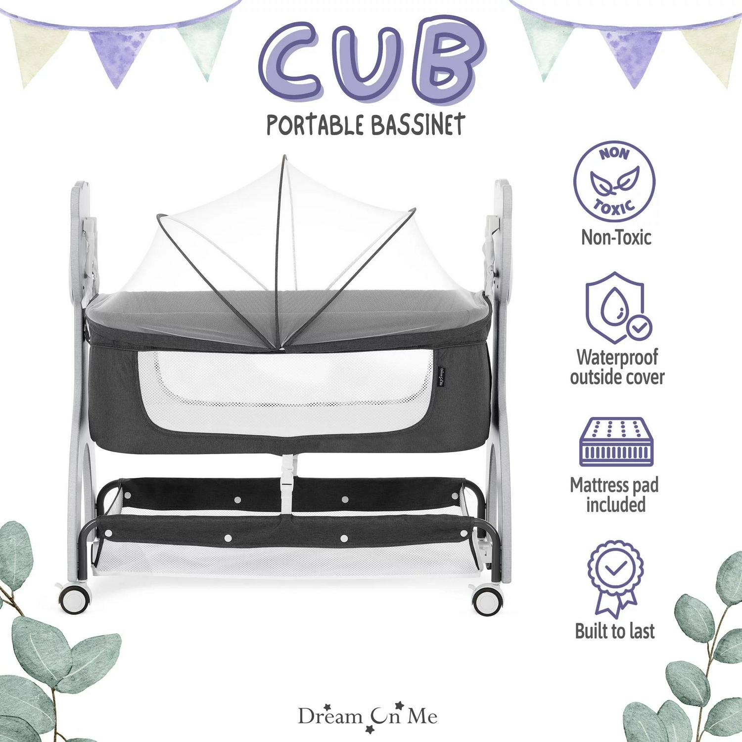 Dream on Me Cub Portable Bassinet in Dark Grey. Multi-Use Baby Bassinet with Locking Wheels