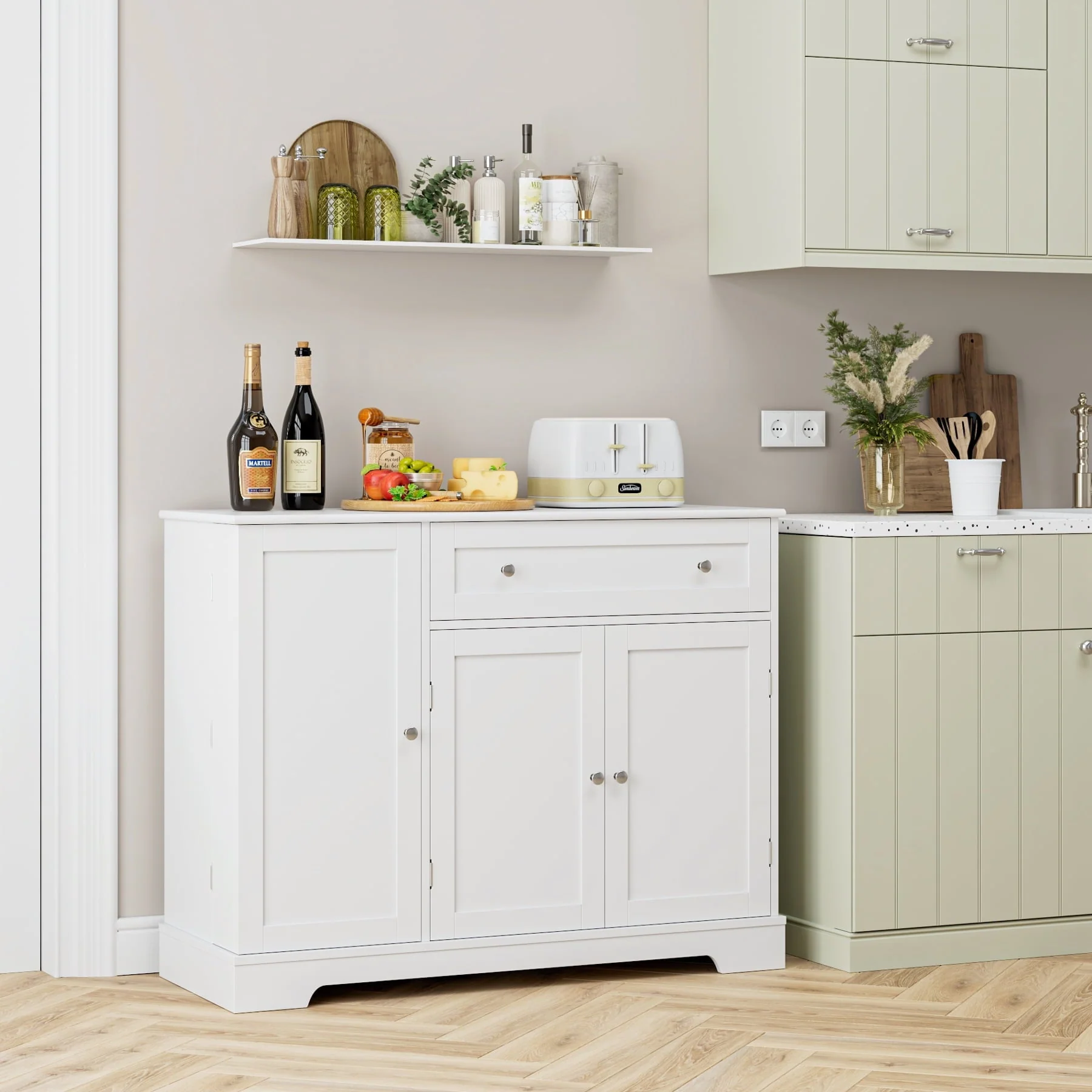 Homfa 41'' Kitchen Storage Cabinet, Pantry Cabinet with Drawers and Adjustable Shelf, Buffet Cabinet Sideboard for Dinning Room, White
