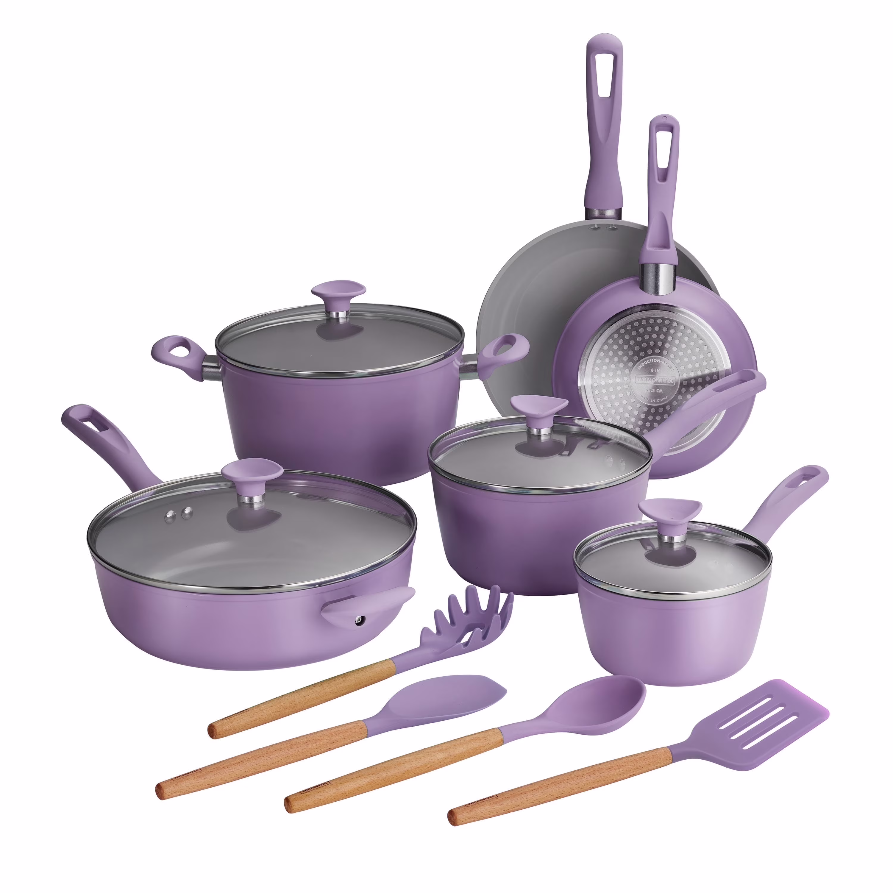 Tramontina Solara 14-Piece Aluminum Ceramic Nonstick Cookware Set with Utensils & Glass Lids, Induction-Ready, Oven & Dishwasher Safe - Red