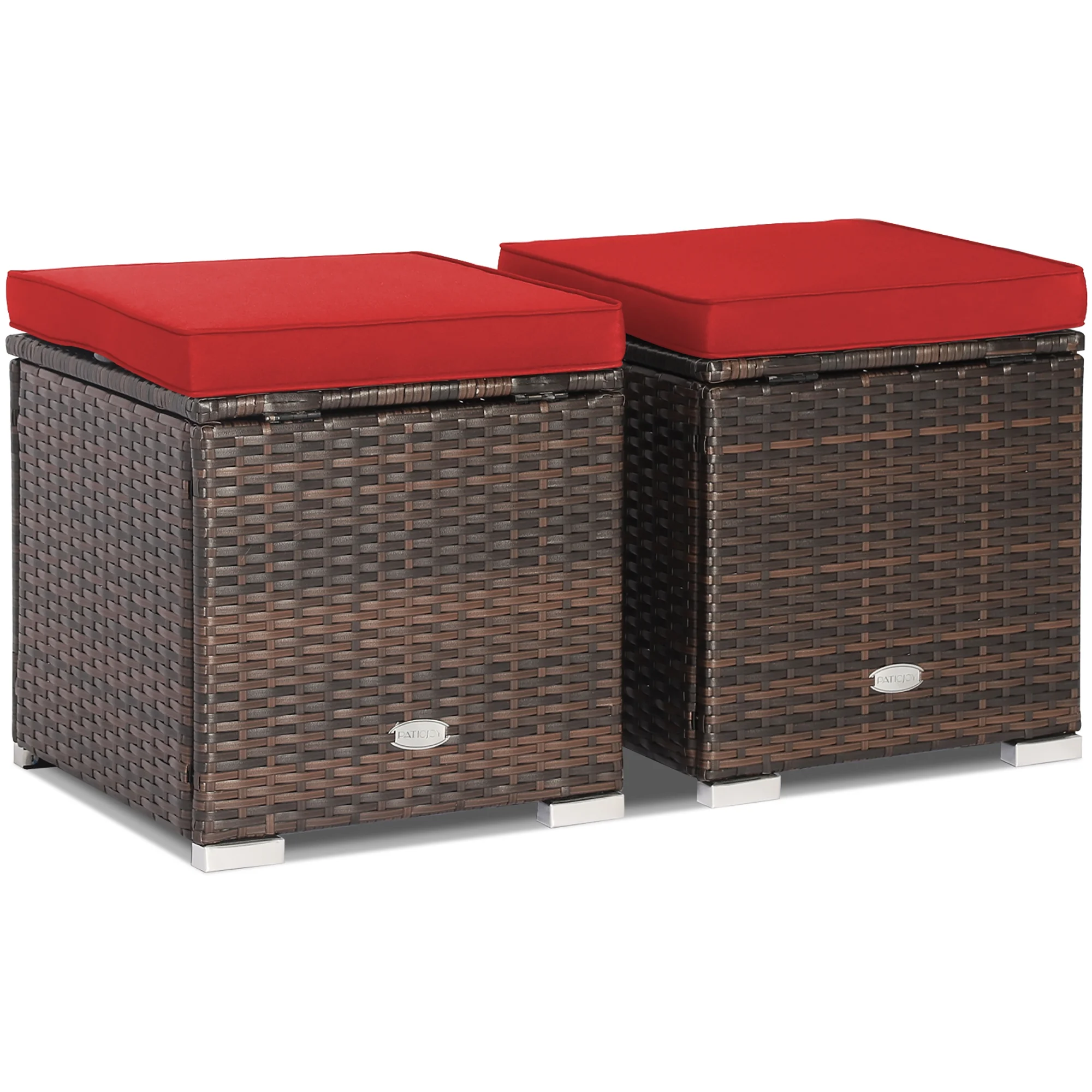 Costway 2PC Patio Rattan Ottoman Seat Side Table Storage Box Footrest Off White