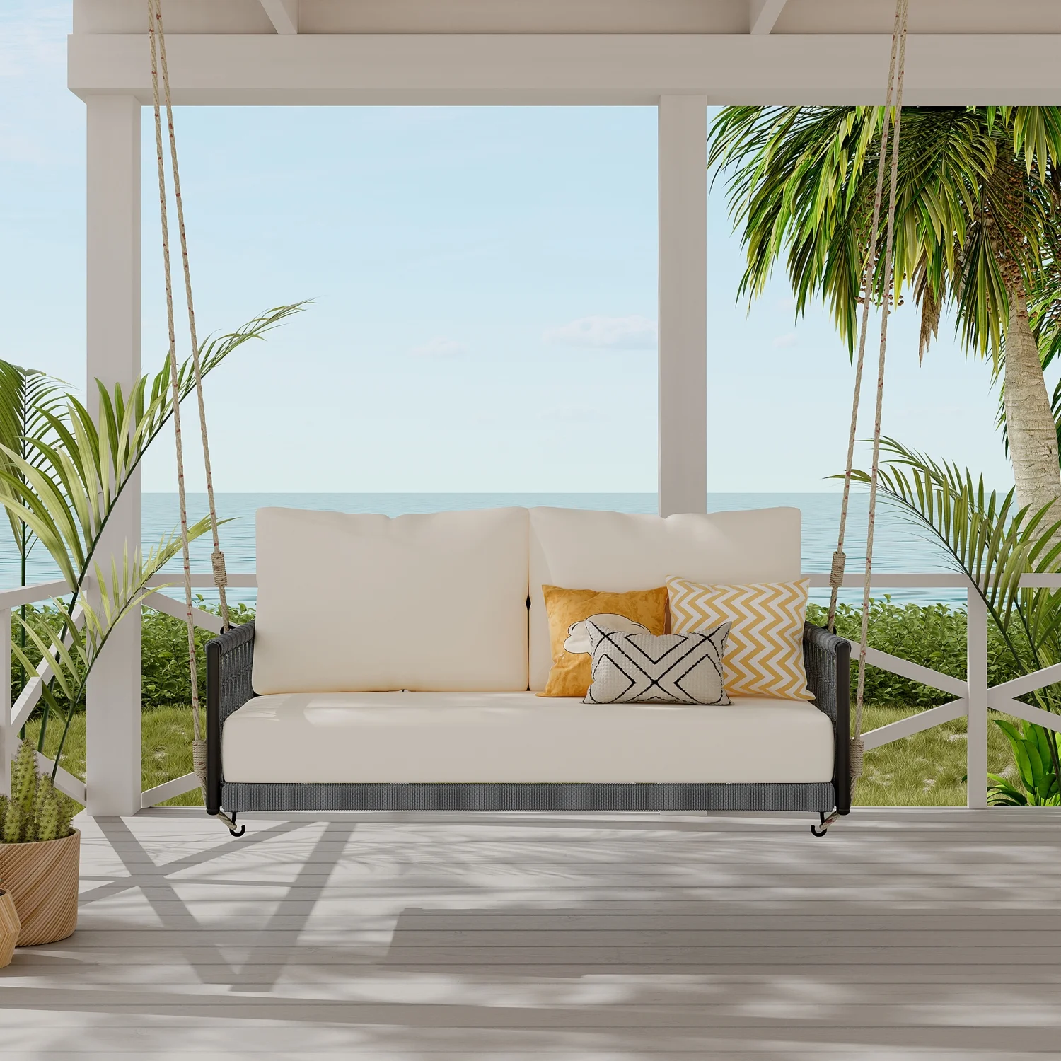 Harper & Bright Designs PE Ratten Porch Swing Chair, 2-Seater Hanging Swing Bench with Chains, All Weather Design Patio Furniture Swing for Backyard Garden Poolside, Grey and White