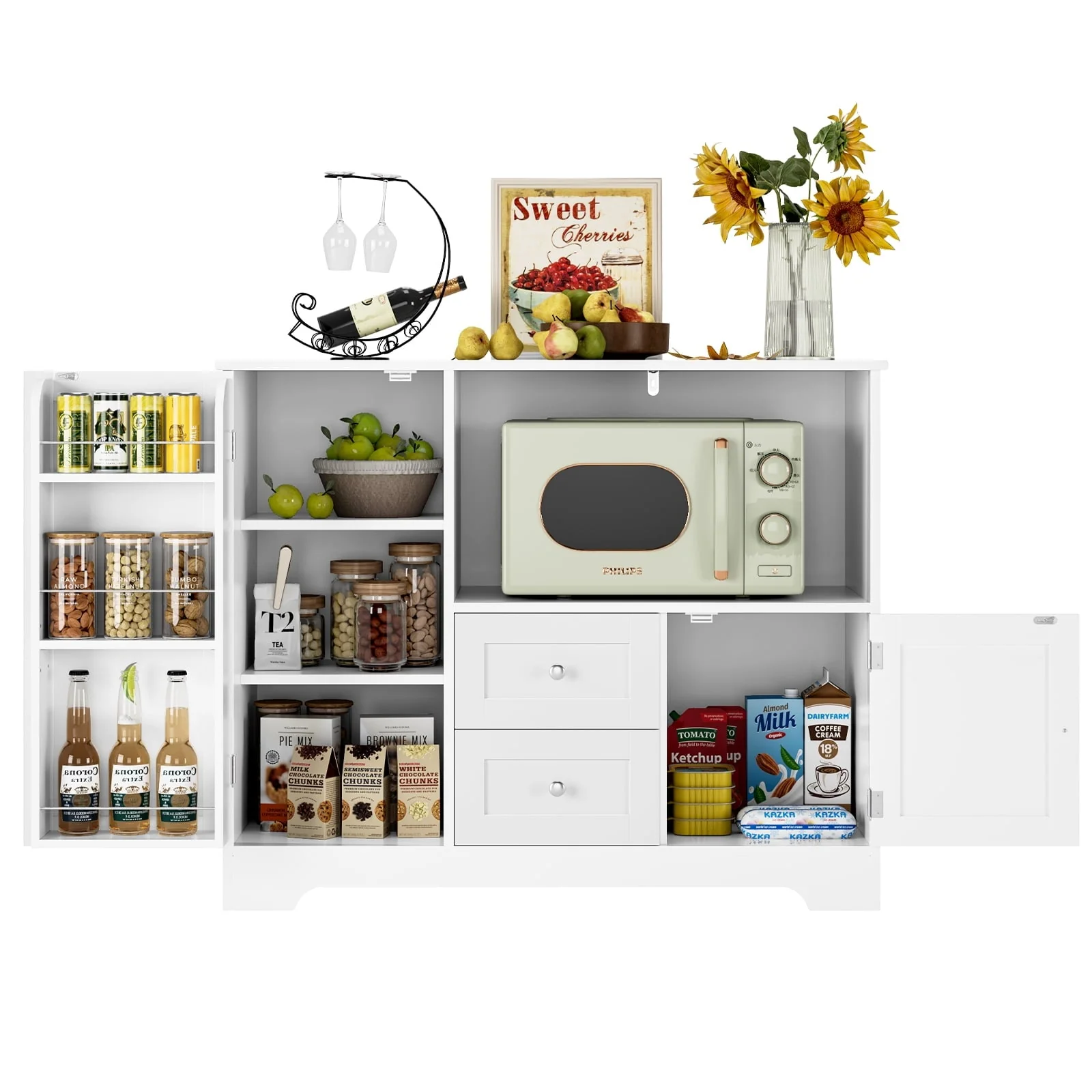 Homfa 40'' Kitchen Storage Cabinet, Buffet Cabinet Sideboard with Drawers and Adjustable Shelves, Microwave Cabinet for Dining Room, White