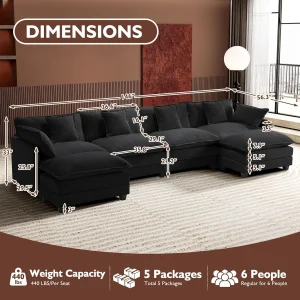Ihanherry 146" U-Shaped Modern Sofa Modular Sectional Cloud Couch with 2 Ottoman, 6-Seat Chenille Deep Seat Sofa with 6 Pillows for Living Room, Bedroom and Apartment, Grey