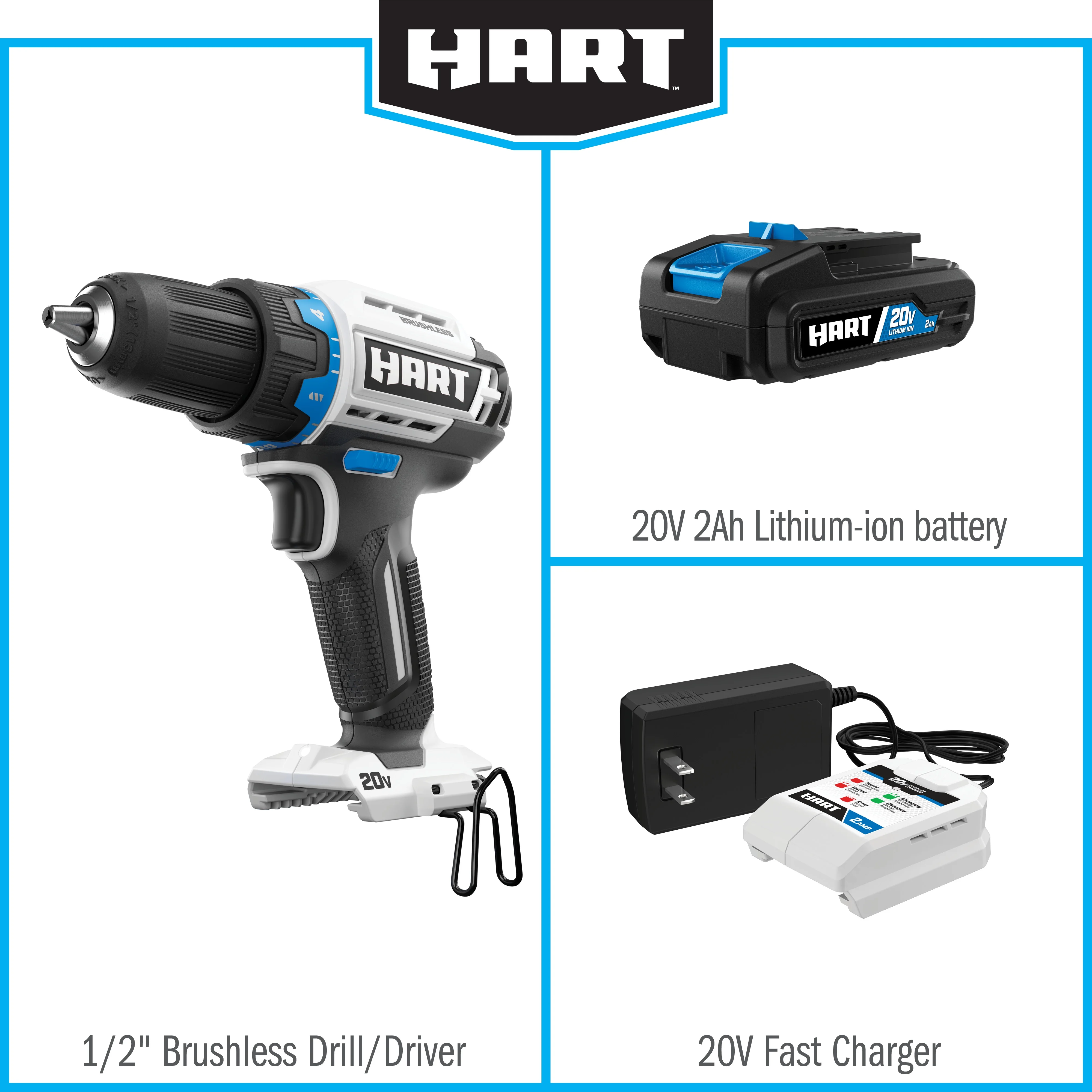 HART 20-Volt Cordless Brushless 1/2-inch Drill/Driver Kit and 10-inch Storage Bag (1) 2Ah Lithium-Ion Battery