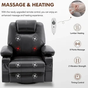 Oversized Swivel Rocker Recliner Chair with Heat and Massage, 360 Degree Swivel Rocking Single Sofa with Cup Holders and USB Port, Large Big Recliner Chair for Living Room (Leather, Brown)
