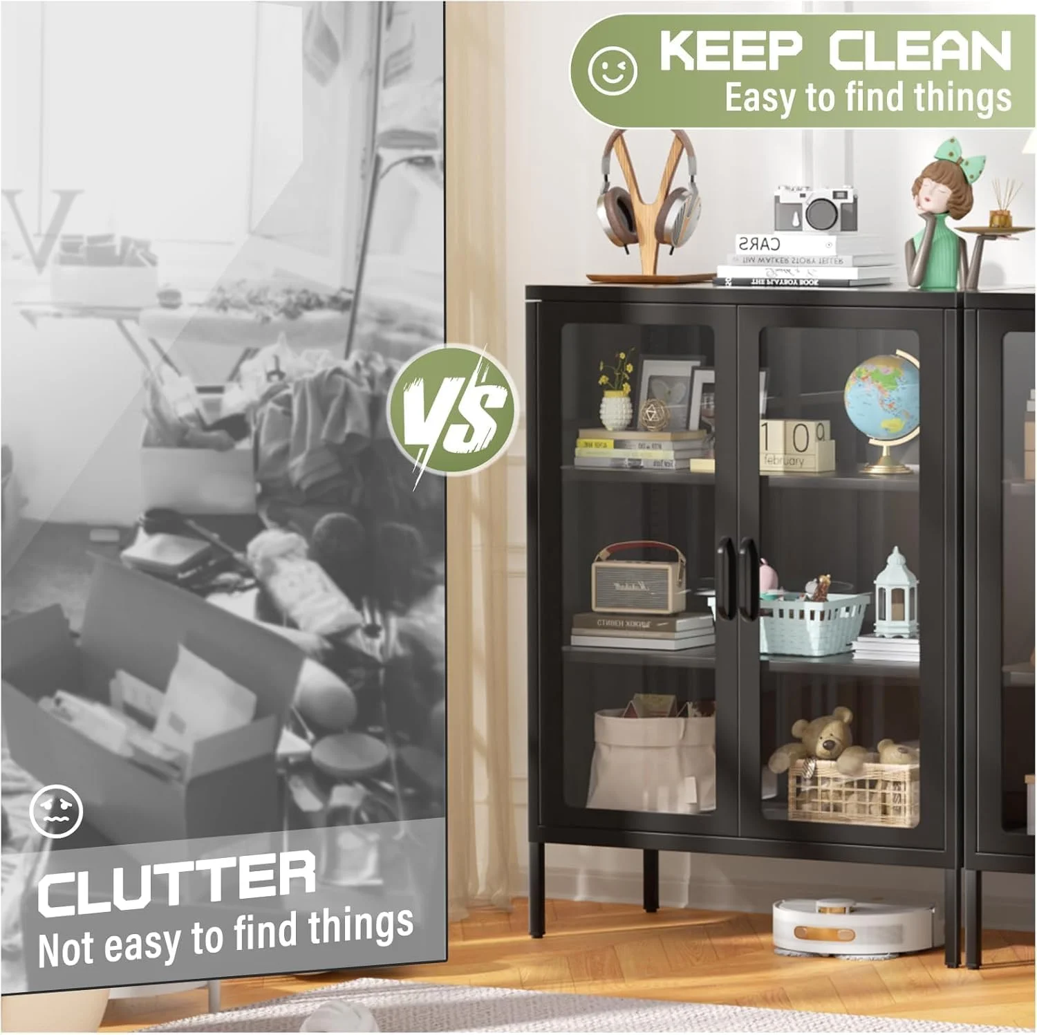 SUNCROWN Metal Storage Cabinet, Curio Display Cabinet with 2 Glass Display Door and 4 Shelves, Side Storage Organize, Modern Bookshelf Cabinet for livingroom, Bedroom, Kitchen, Black