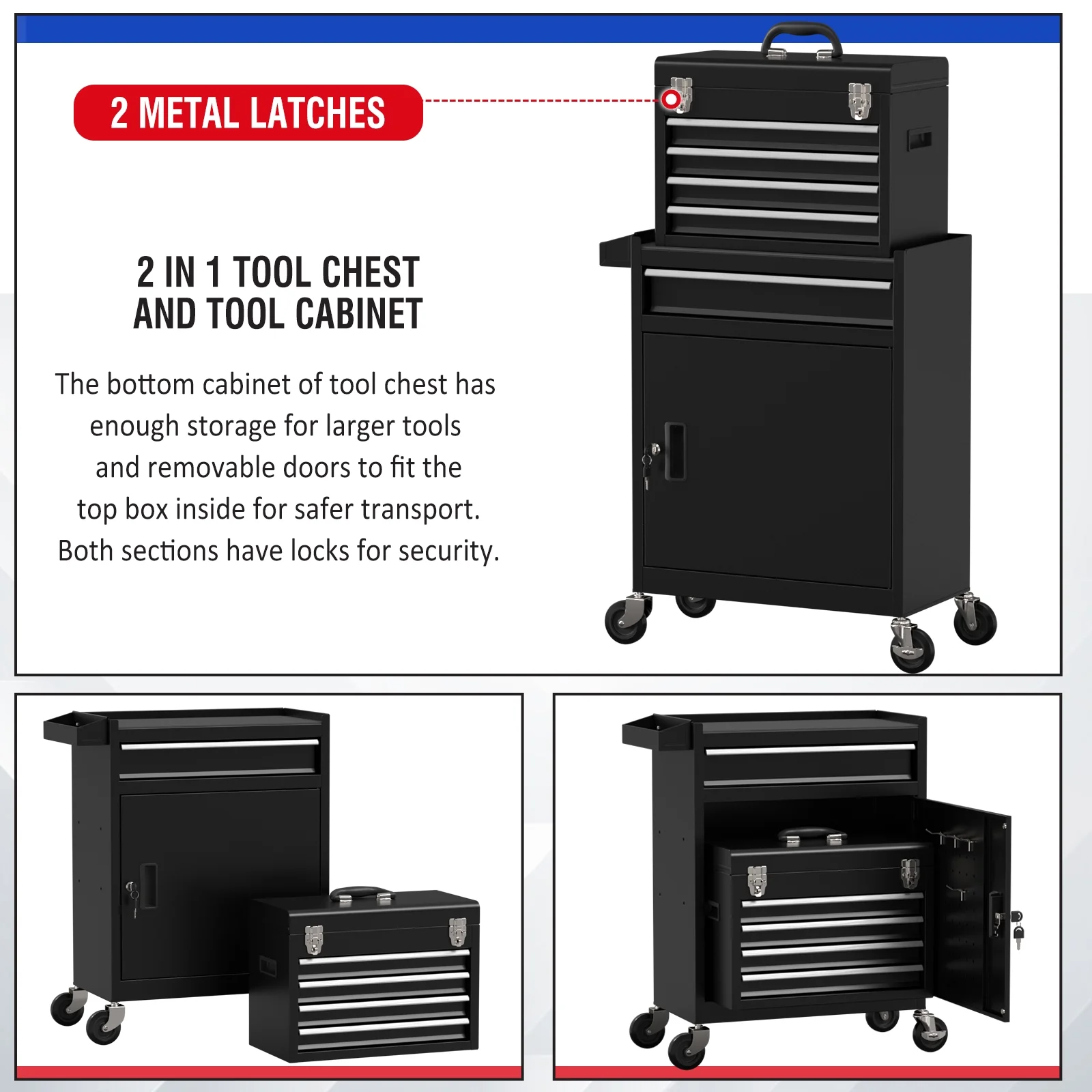 Odaof Tool Storage Cabinet Tool Chest with 4 Wheels and 5 Drawers,Large Capacity Removable Toolbox with Lock for Garage and Warehouse(Black)
