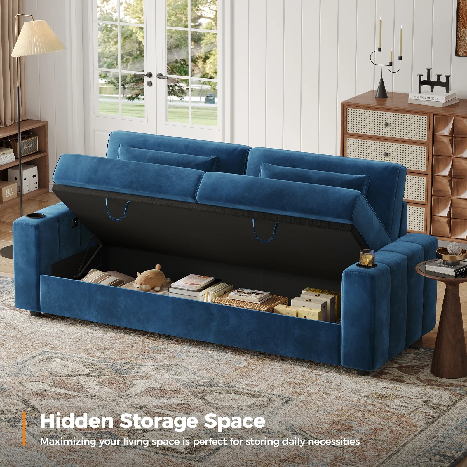 87-Large Loveseat Sofa, 3 Seater Couch with Storage, Velvet Fabric Deep Seat Sofa with Pillow& Cup Holders, Modern Comfy Sofa with USB& Type-C Ports, Home Sofa Couch for Living Room Bedroom