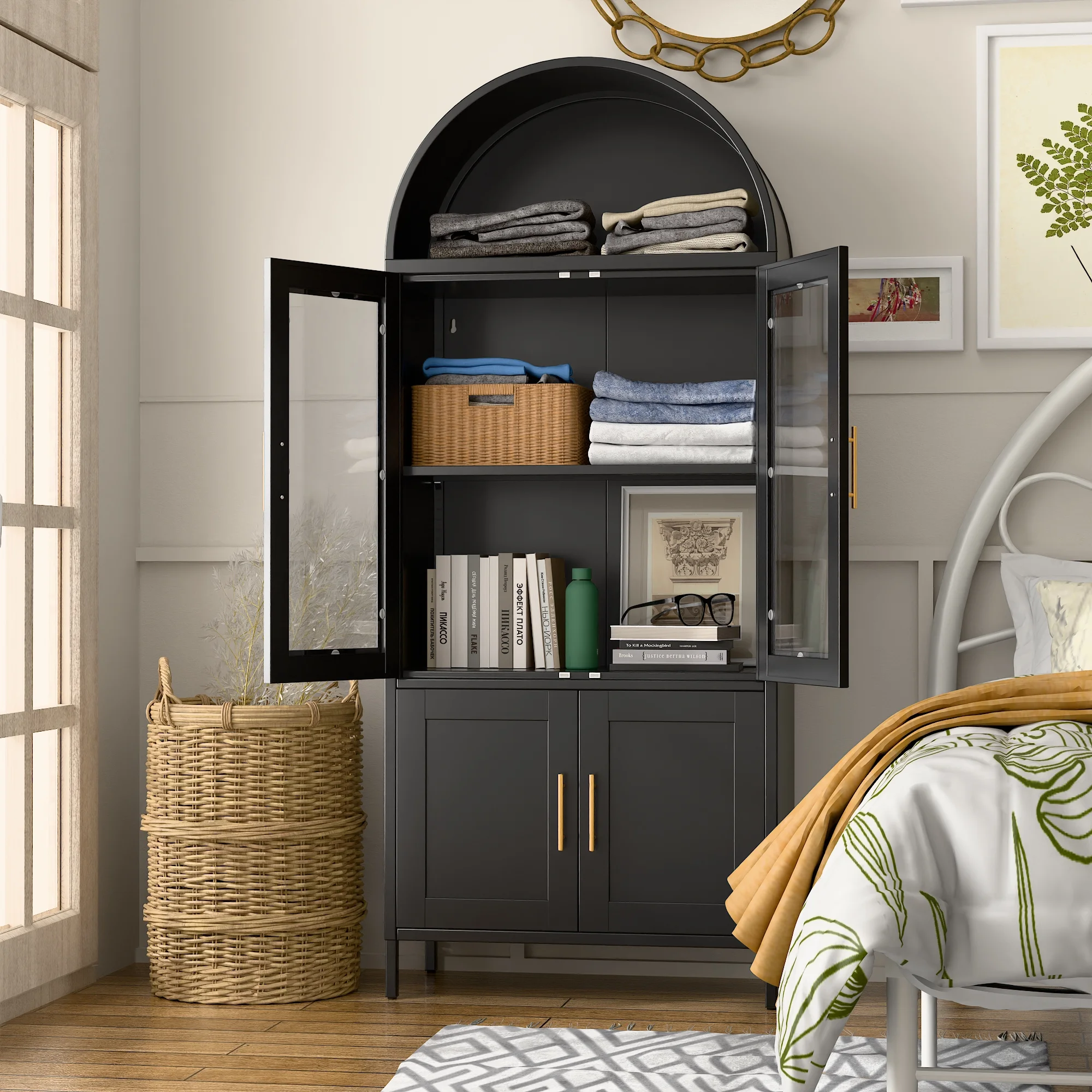 SUXXAN Metal Arched Storage Display Lockable Cabinets with Glass Doors and Adjustable Shelves, Assembly Required, Black
