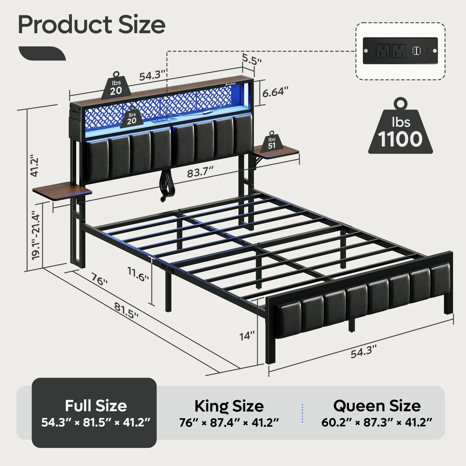 Bestier Queen Size Platform Bed Frame with Wood Foldable Bedside Shelves and LED Storage Headboard Charge Station, Gray