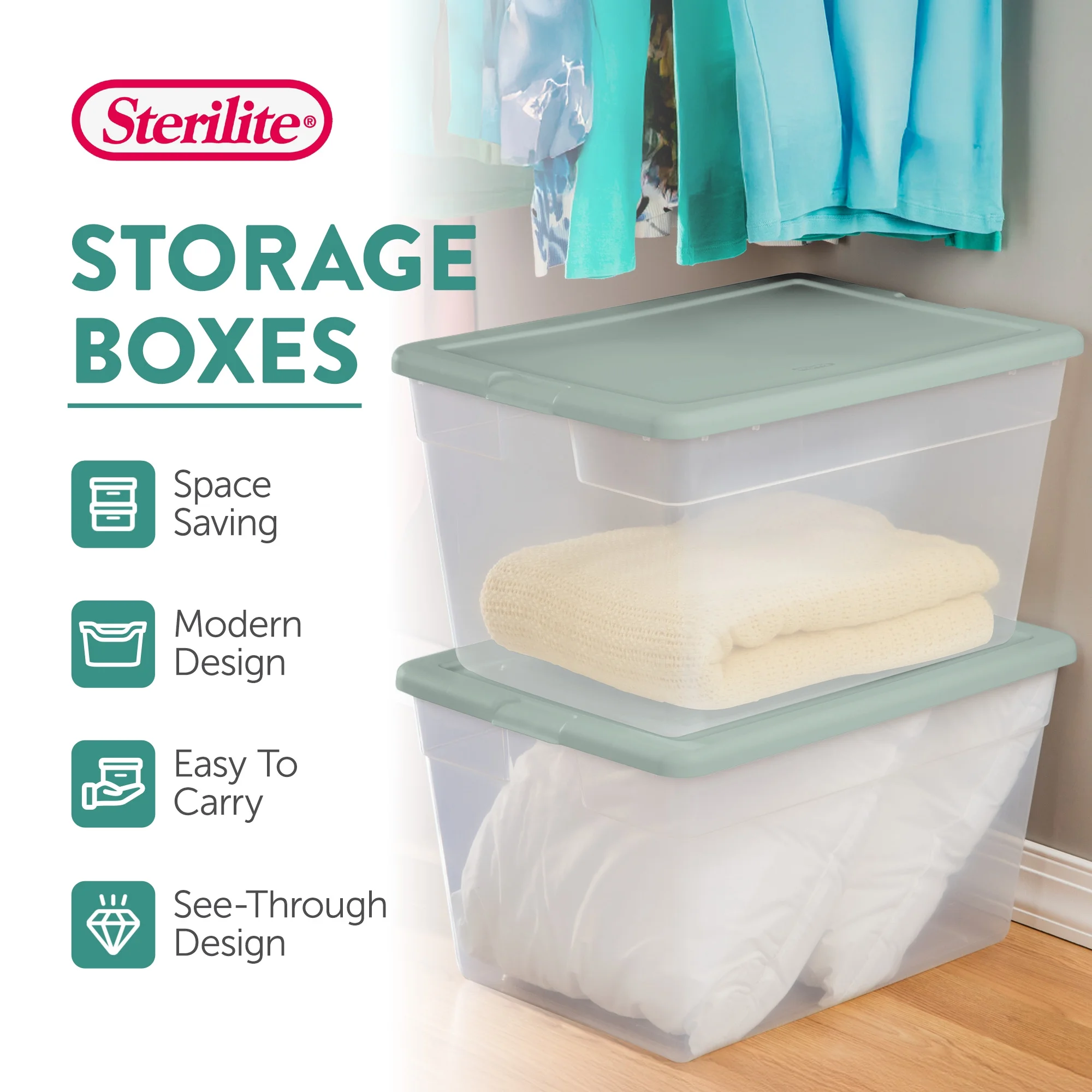 Sterilite 24 Pk Storage Tote Container, 56 Qt, Clear, Mindful Mint Lid