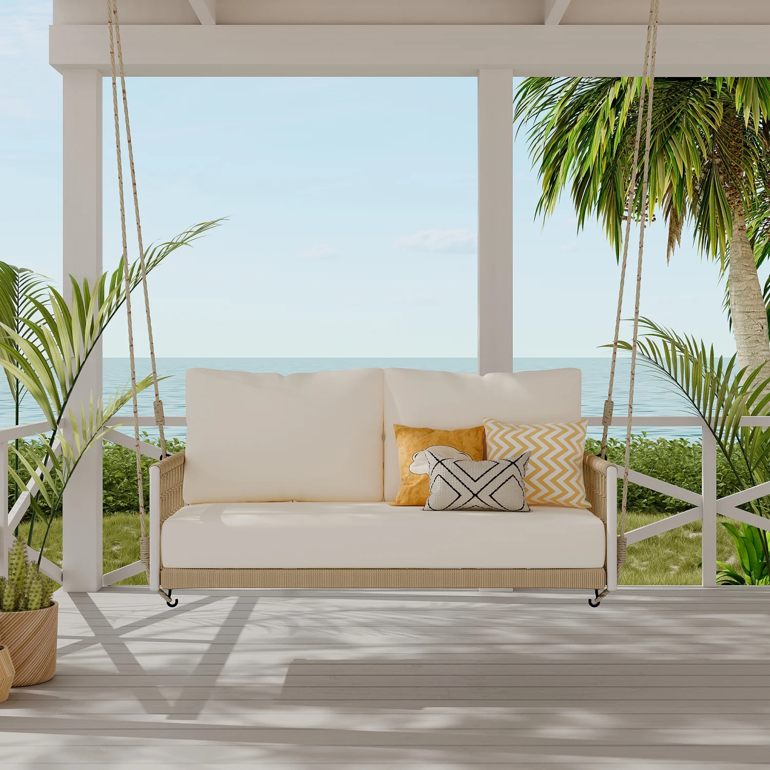 Harper & Bright Designs PE Ratten Porch Swing Chair, 2-Seater Hanging Swing Bench with Chains, All Weather Design Patio Furniture Swing for Backyard Garden Poolside, Grey and White