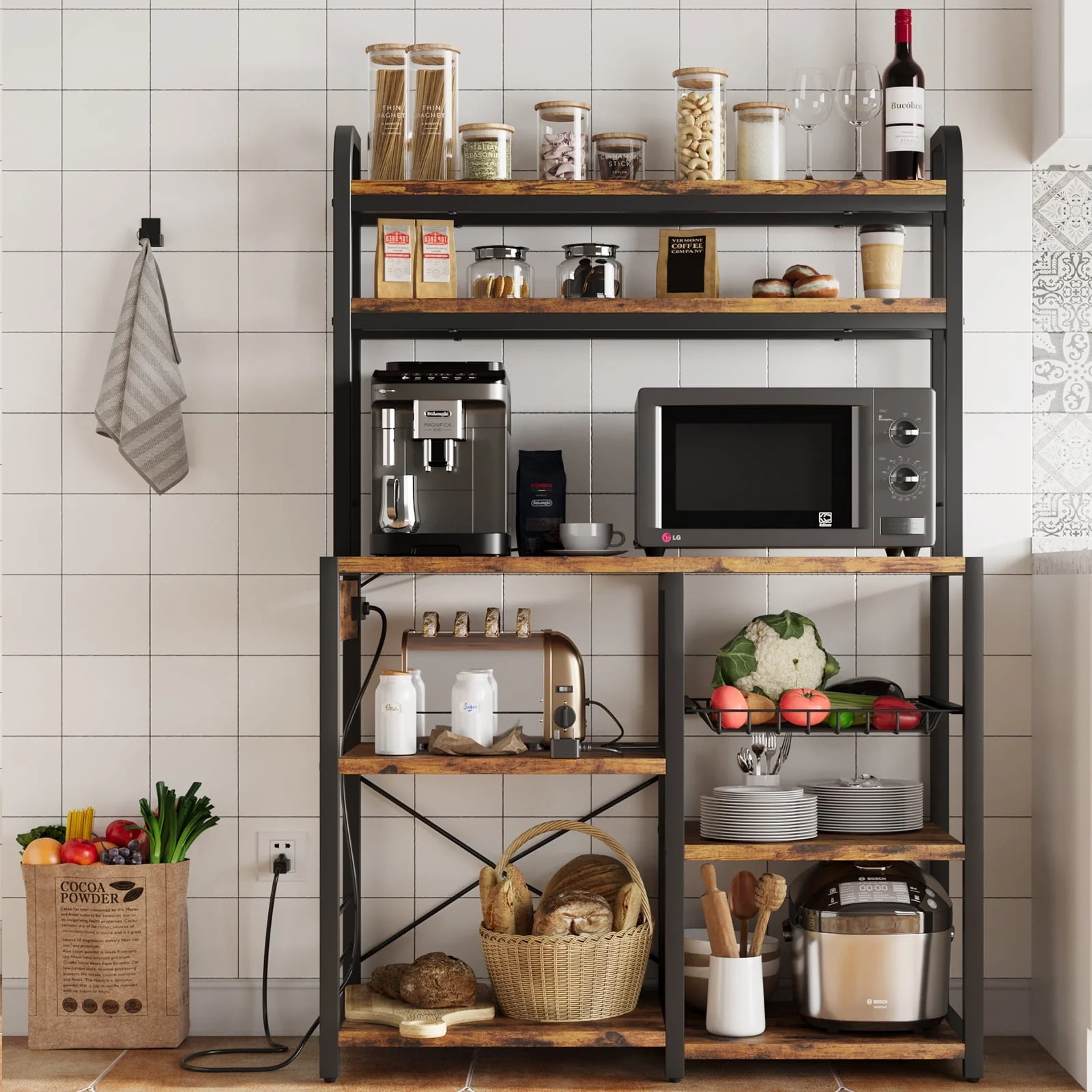Bakers Rack with Power Outlet, Microwave Stand, Coffee Bar Table Station with Metal Wire Panel, Kitchen Storage Rack with 8 Hooks, Buffet Table with Hutch, Rustic Brown