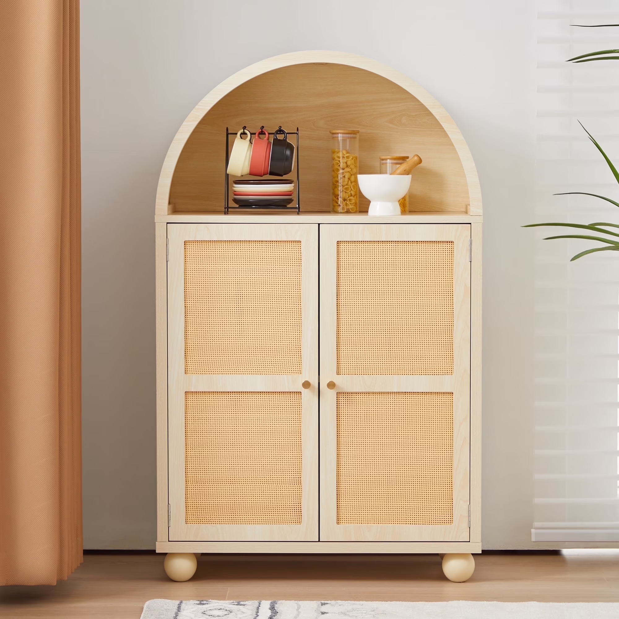 Wirrytor Arched Kitchen Storage Cabinet, Sideboard Buffet Cabinet with 2-Tier and 2 Doors, Black Sideboard, Kitchen Pantry Cabinet, Wooden Storage Cabinet for Living Room