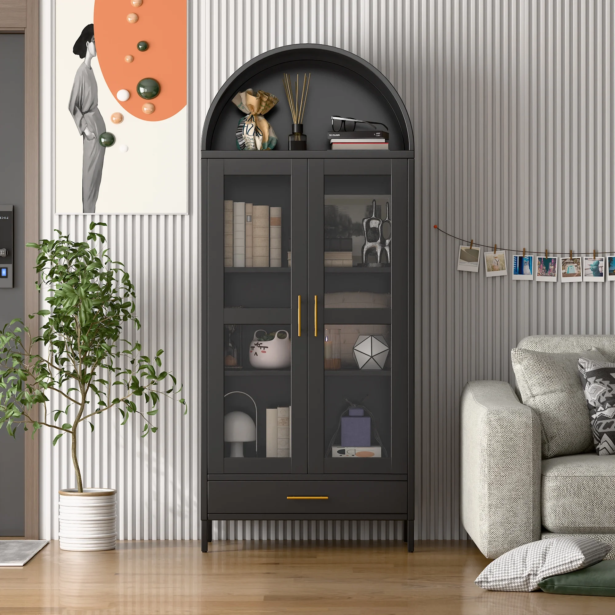 SUXXAN Metal Arched Storage Display Lockable Cabinets with Glass Doors and Adjustable Shelves, Assembly Required, Black