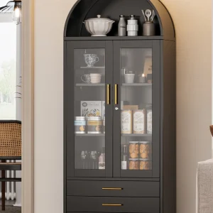 SUXXAN Metal Arched Storage Display Lockable Cabinets with Glass Doors and Adjustable Shelves, Assembly Required, Black