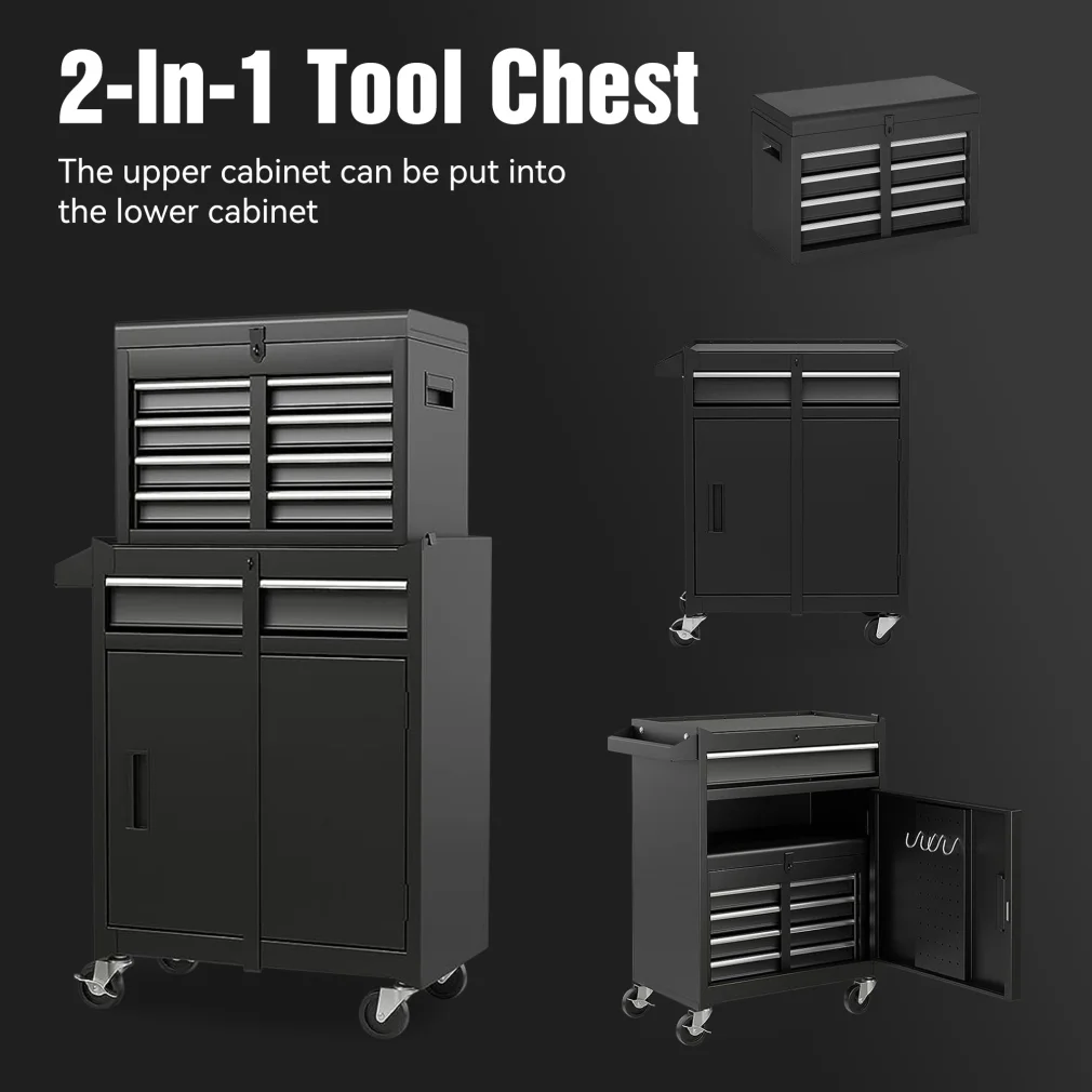 Heavy-Duty Metal Tool Storage Cabinet 5-Drawer Rolling with Detachable Top Box, Lockable Wheels & Adjustable Shelves, Secure Locking Mechanism, Space-Saving Design for Garage Workshop & Home Use