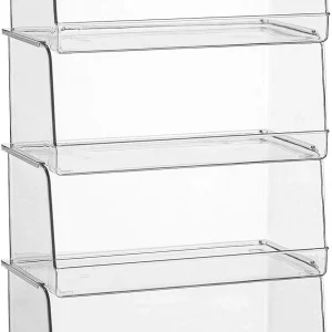 Set Of 4 Clear Pantry Organizer Bins Stackable Household Plastic Food Storage Basket with Wide Open Front for Kitchen, Countertops, Cabinets, Refrigerator, Freezer, Bedrooms, Bathrooms - 12" Wide