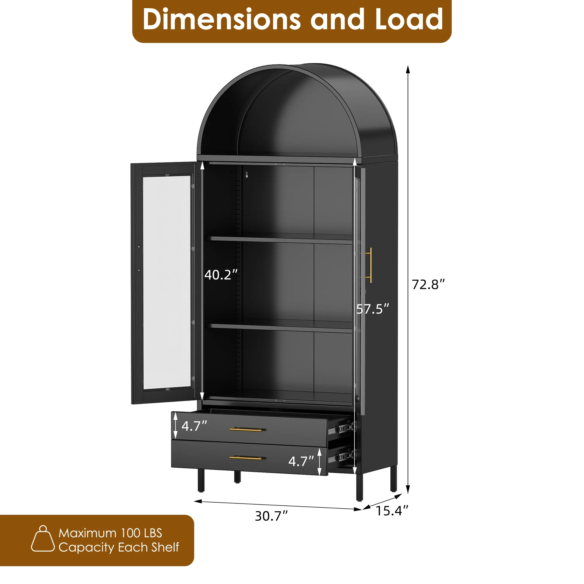 SUXXAN Metal Arched Storage Display Lockable Cabinets with Glass Doors and Adjustable Shelves, Assembly Required, Black