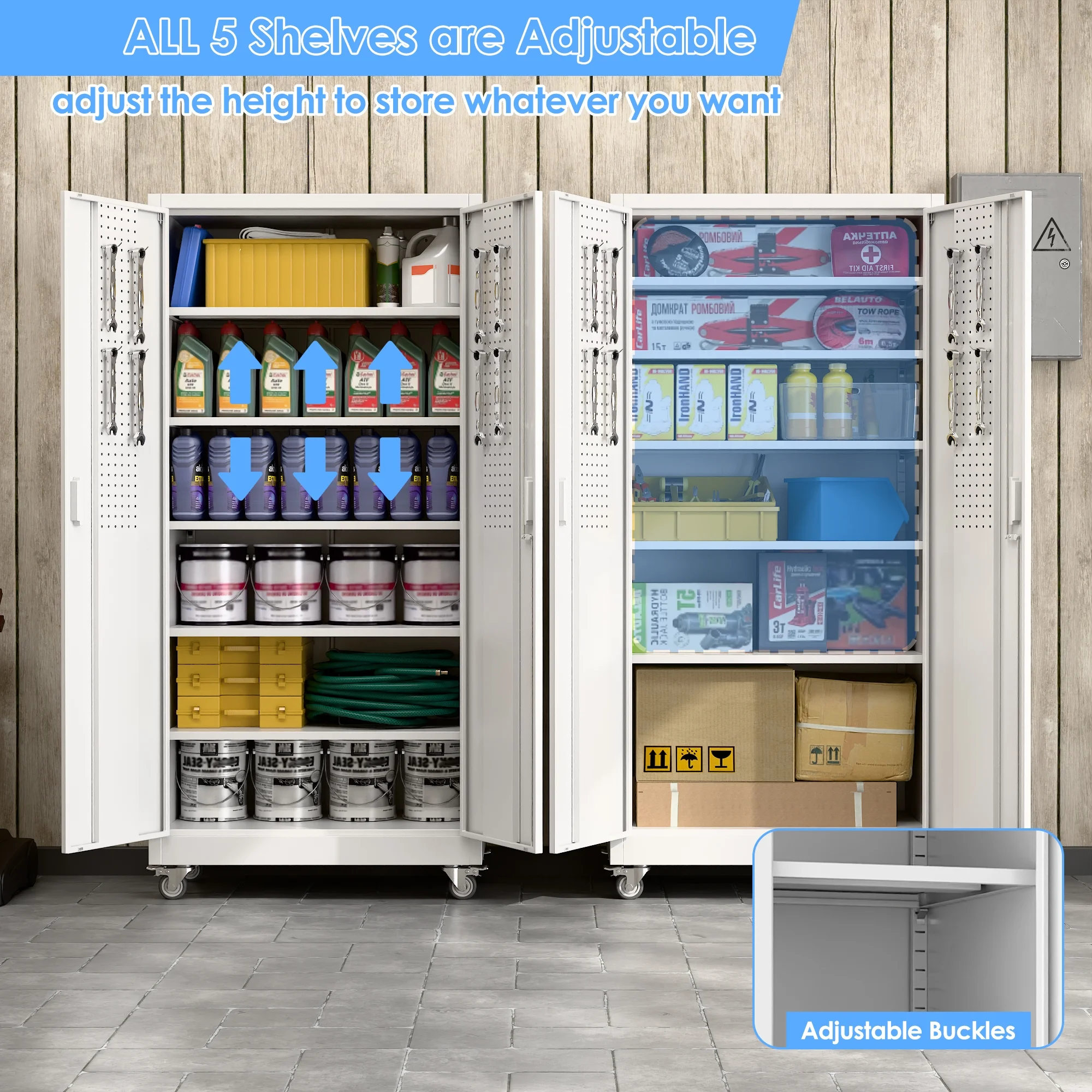 GangMei 71-Inch Metal Lockable Storage Cabinet with Pegboards and 5 adjustable shelves, White, Assembly Required