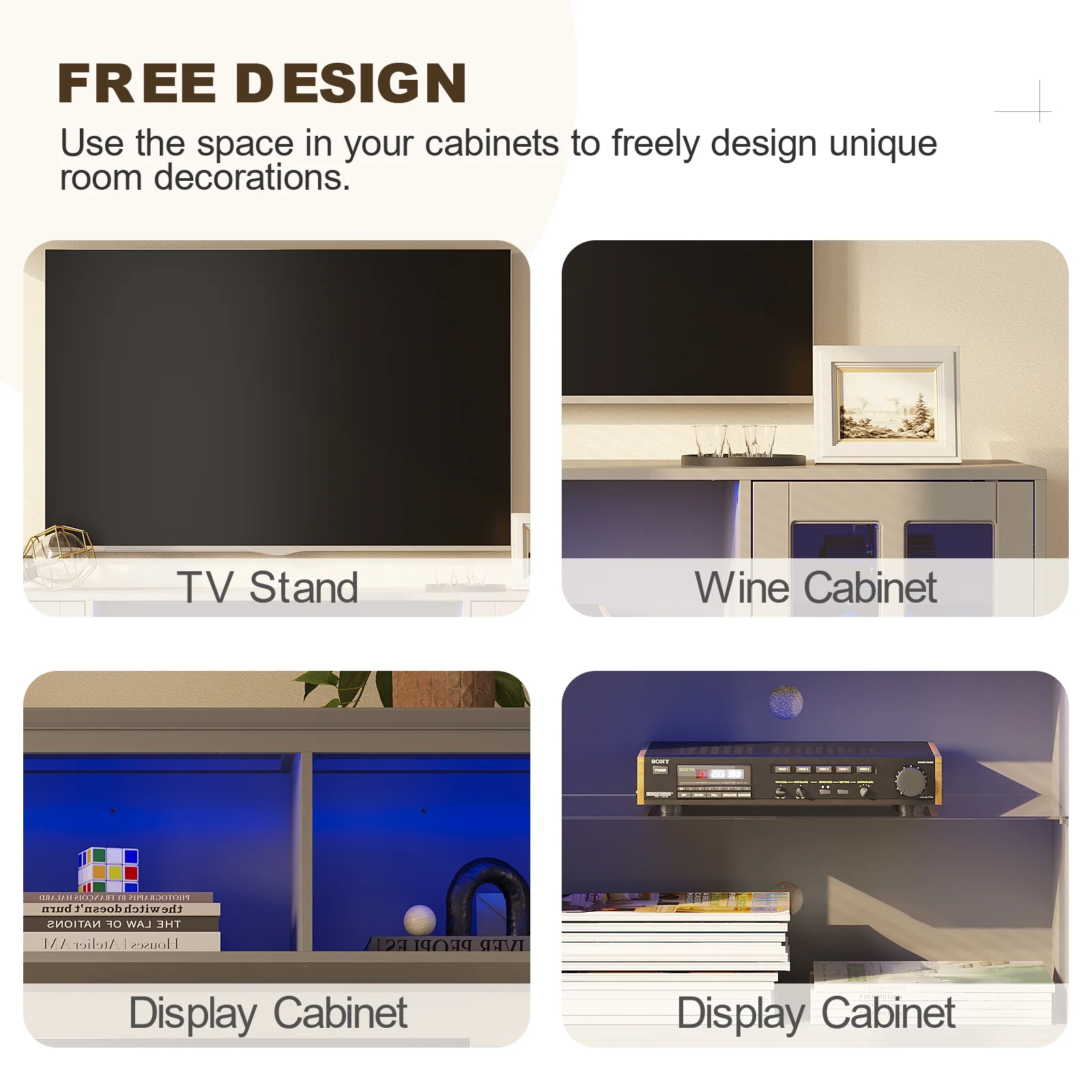 MEISSALIVVE 4-Piece Wall Unit TV Stand with Storage & LED Lights for TVs up to 75", Modern Entertainment Center with Bookshelves & 8-Door Pantry Cabinet, Gray