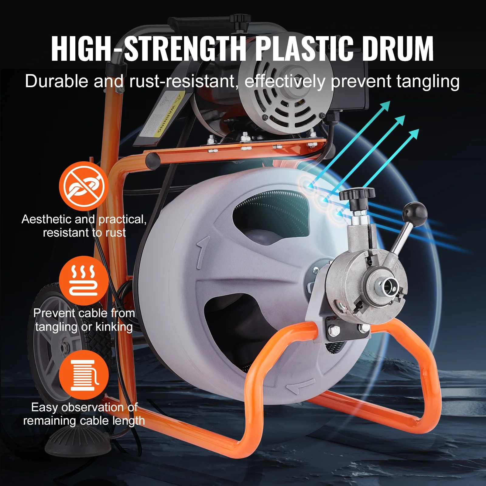 VEVOR Drain Cleaner Machine 100FT x 3/8 Inch, Auto Feed Sewer Snake Drain Auger on Wheels, Portable Drain Cleaning Machine with 8 Cutters & Air-activated Foot Switch for 2" to 4" Pipes