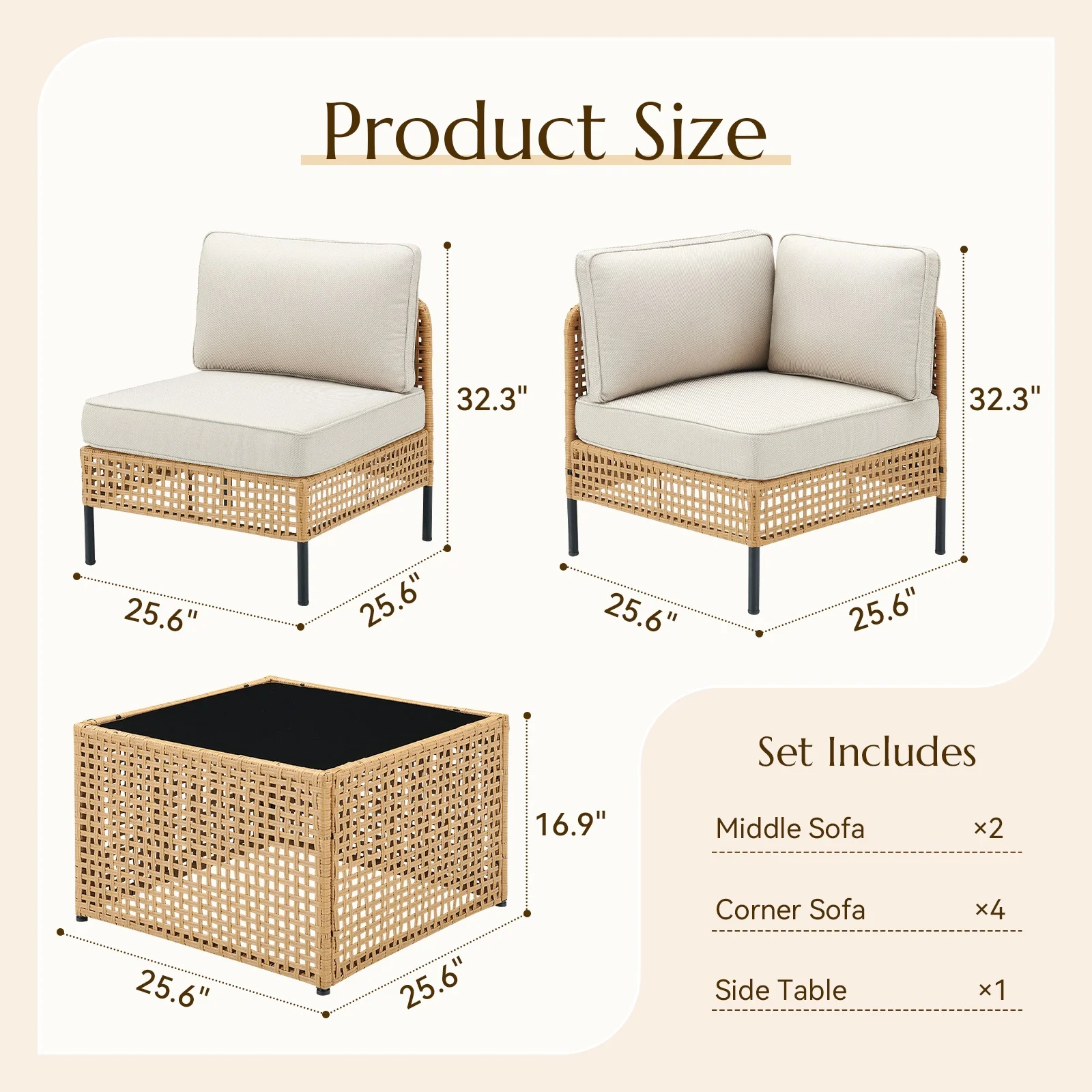 PPorfamilia Outdoor Modular Sectional Furniture Set, 7 Piece Natural PE Rattan Sofa Set with 2 Corner Chairs, 4 Middle Chairs, Side Table, and Beige Deep Seat Cushions, for Patio Backyard Deck