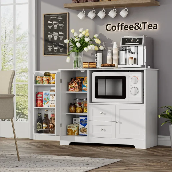 Homfa 40'' Kitchen Storage Cabinet, Buffet Cabinet Sideboard with Drawers and Adjustable Shelves, Microwave Cabinet for Dining Room, White