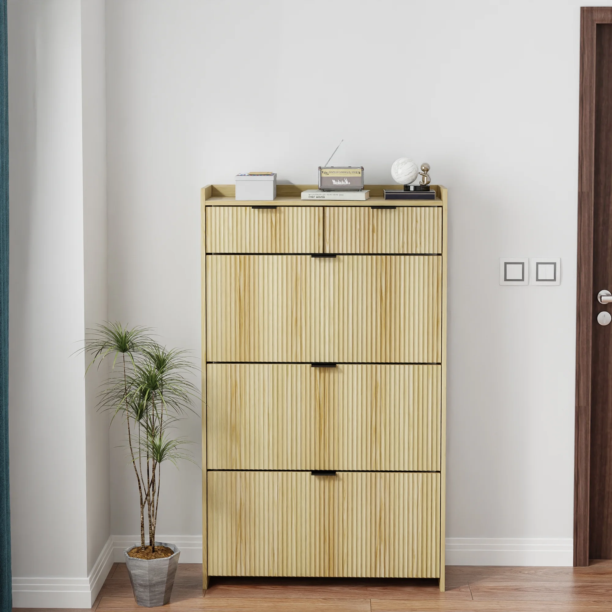 Shoe Cabinet, Free Standing Tipping Bucket Shoe Rack Organizer with 3 Flip Drawers, Modern Entryway Narrow Shoe Rack with 2 Drawers & Top Storage, for Hallway Bedroom, Walnut