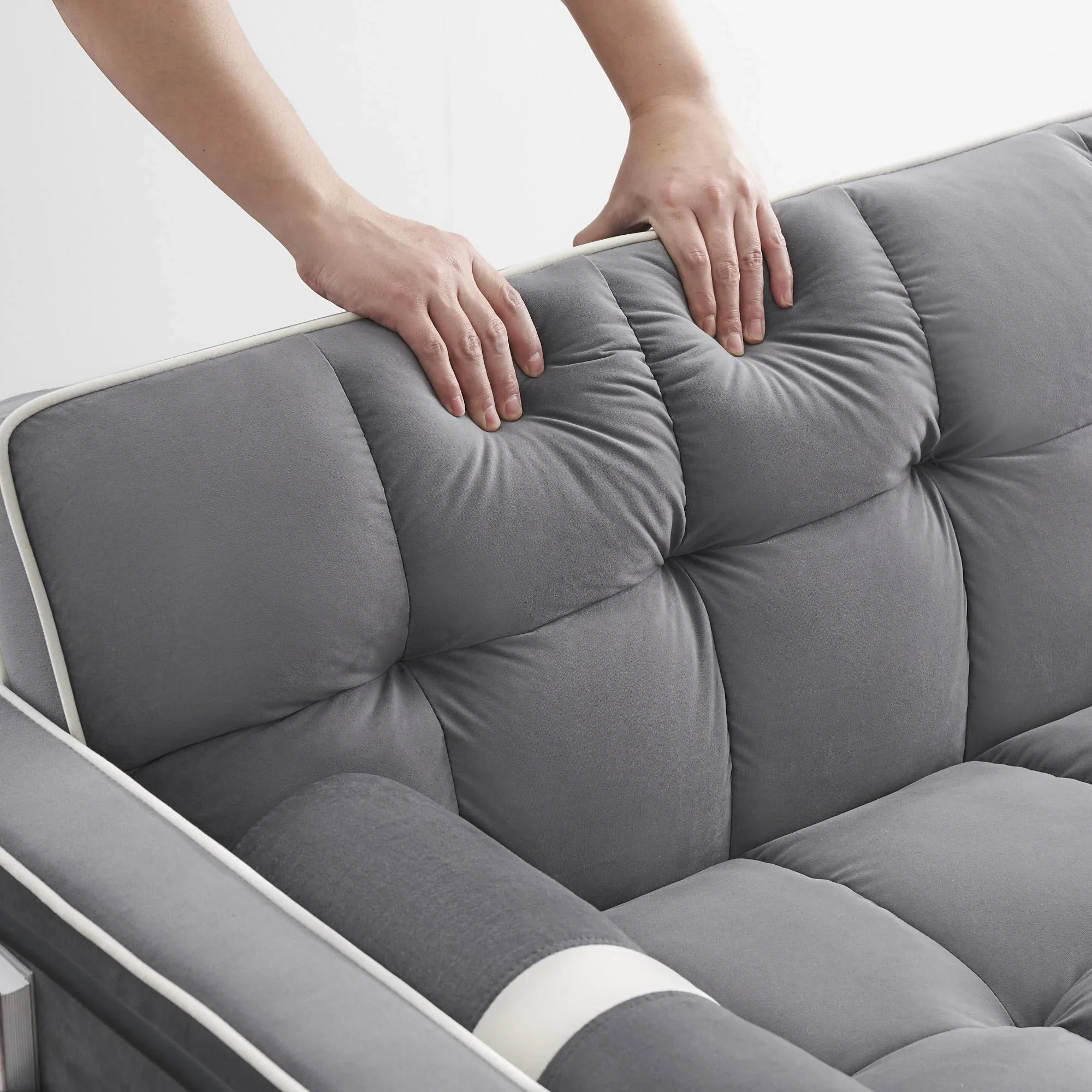 3 in 1 Sleeper Sofa Couch Bed,Small Tufted Velvet Convertible Loveseat Futon Sofa w/Pullout Bed,Adjustable Backrest,Cylinder Pillows,Multi-Pockets,Phone Holder for Living Room Apartment,Grey,55.5"