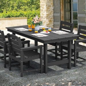 SERWALL 7-Piece Patio Table Set, Outdoor HDPE Dining Furniture with Umbrella Hole, All Weather Table and Chairs for Lawn, Garden, Poolside, Aruba