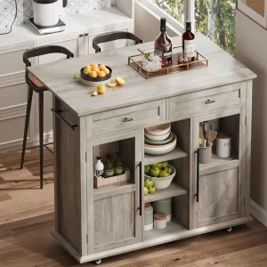 WALYWIK Foldable Kitchen Island Cart with Wheels, 2 Glass Doors, Spice Rack & Towel Holder -C Compact Mobile Storage Cart for Small Kitchens, Dining Rooms, Camping & RVs - Grey