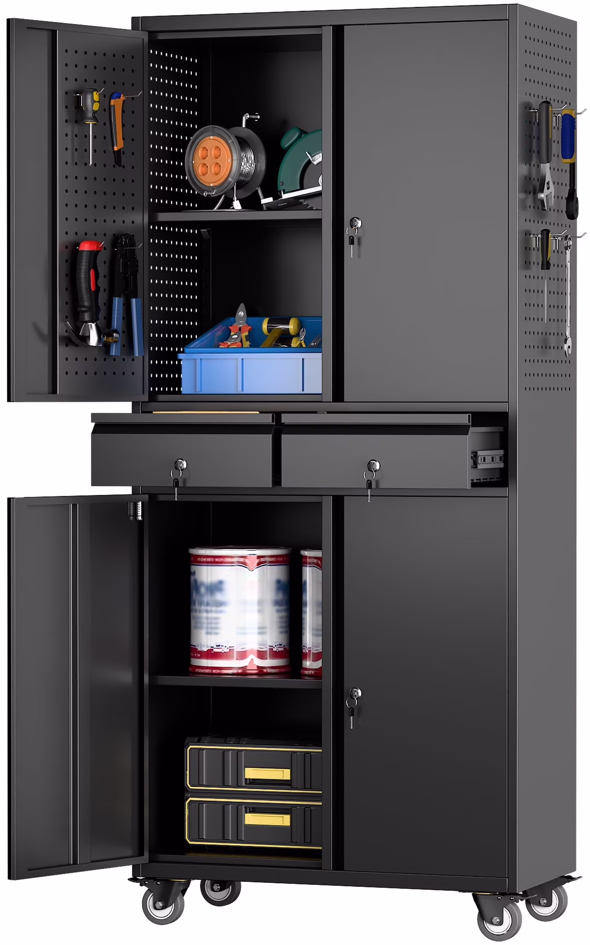 GangMei 71-Inch Metal Lockable Storage Cabinet with Pegboards and 5 adjustable shelves, White, Assembly Required