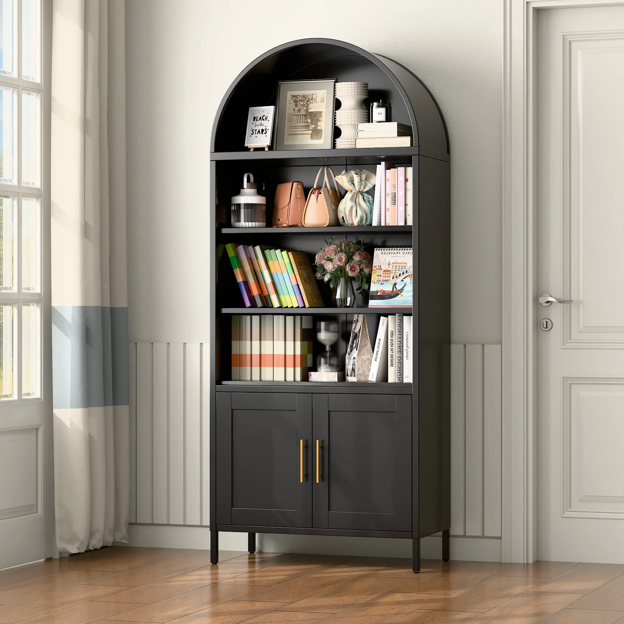 SUXXAN Metal Arched Storage Display Lockable Cabinets with Glass Doors and Adjustable Shelves, Assembly Required, Black