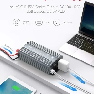 BESTEK 500W Pure Sine Wave Power Inverter DC 12V to 110V AC Car Plug Inverter Adapter Power Converter with 4.2A Dual USB Charging Ports and 2 AC Outlets Car Charger, ETL Listed, Grey