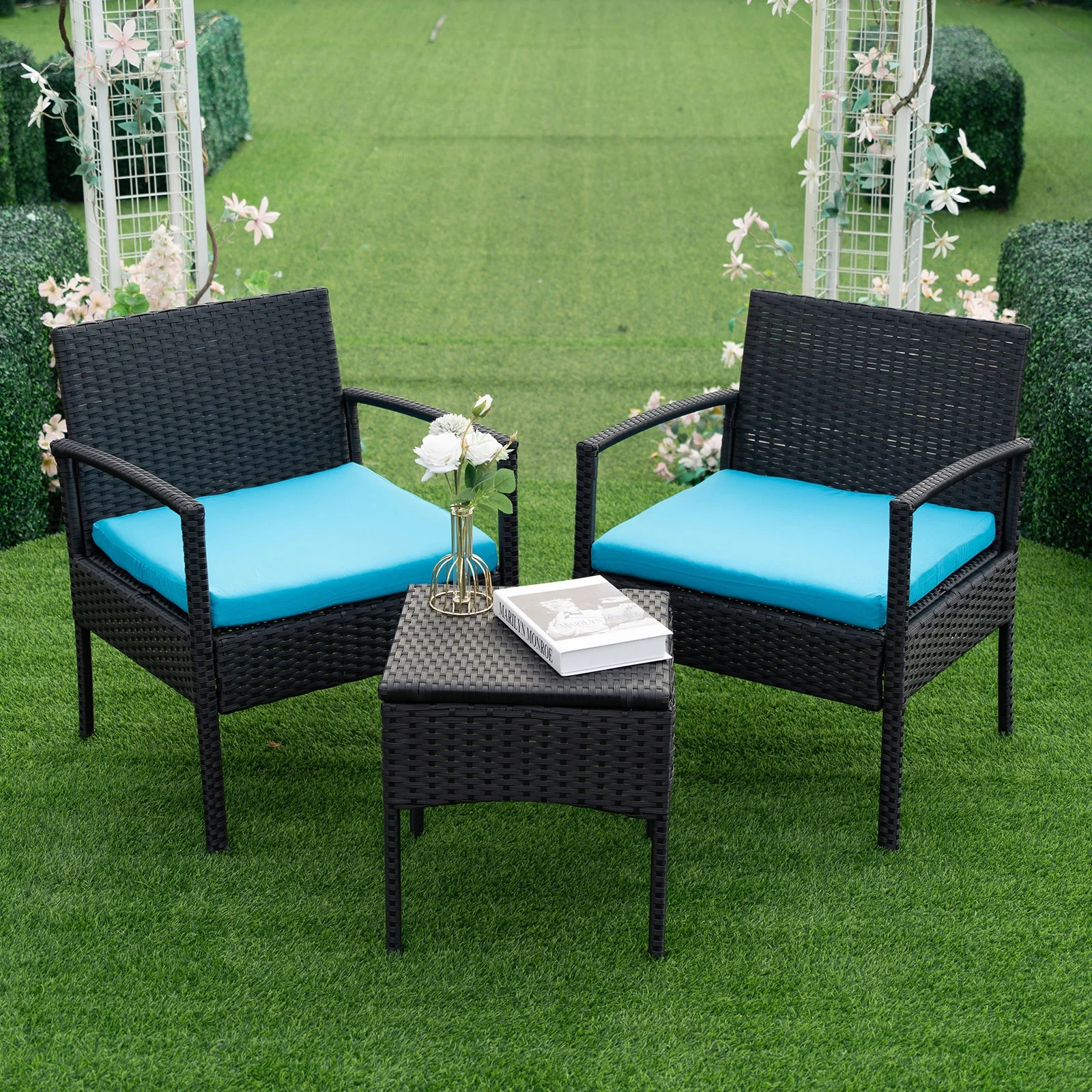 Tappio Outdoor Furniture 3 Piece Patio Bistro Furniture Set, Rattan Conversation Chairs Set with Side Table and Cushions, Patio Furniture Sets for Balcony Garden Porch, Red
